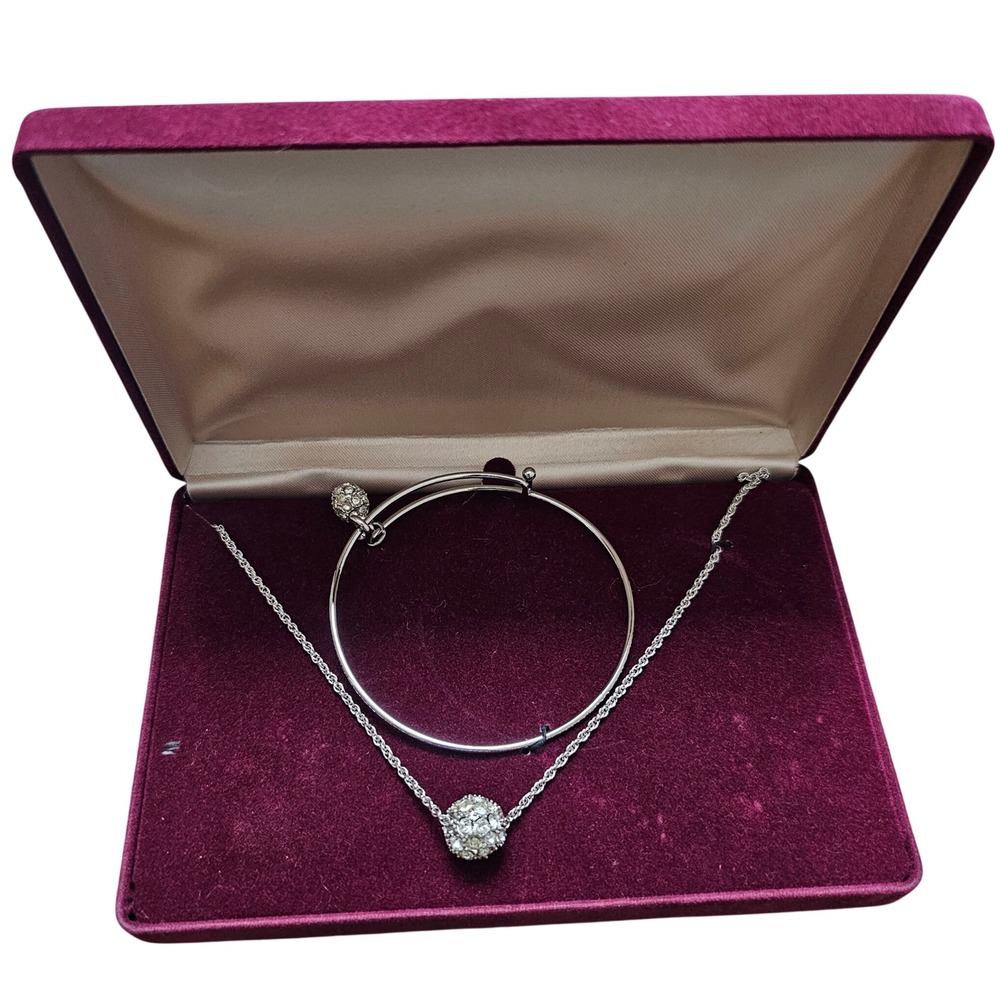 VTG Silver Tone Pave Crystal Disco Ball Necklace Bangle Bracelet Set Velvet Box